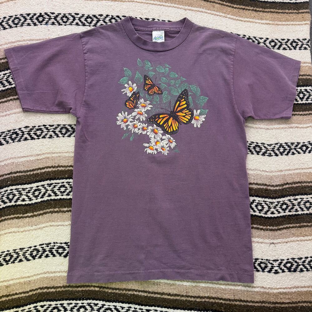 Vintage 90's Alore Monarch Butterfly Purple Floral Nature Tee Shirt Sz Medium